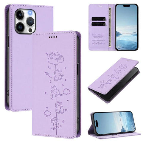 Cute Cats Embossed Magnetic RFID Vegan Leather Phone Case, For iPhone 14 Pro Max, For iPhone 13 Pro Max, For iPhone 13 Pro, For iPhone 12 Pro Max