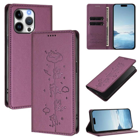 Cute Cats Embossed Magnetic RFID Vegan Leather Phone Case, For iPhone 14 Pro Max, For iPhone 13 Pro Max, For iPhone 13 Pro, For iPhone 12 Pro Max