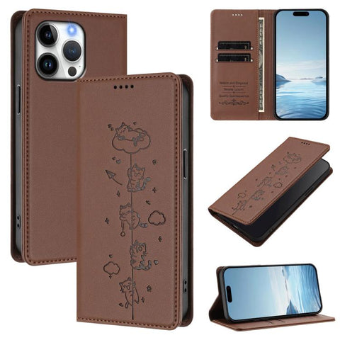 Cute Cats Embossed Magnetic RFID Vegan Leather Phone Case, For iPhone 14 Pro Max, For iPhone 13 Pro Max, For iPhone 13 Pro, For iPhone 12 Pro Max