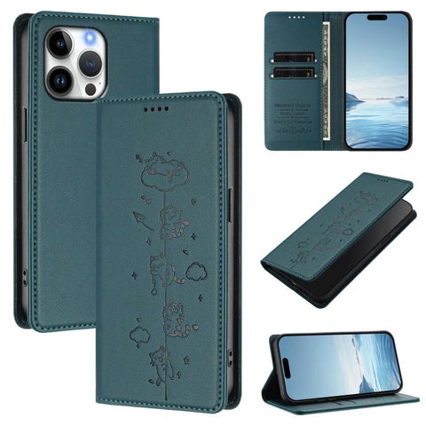 Cute Cats Embossed Magnetic RFID Vegan Leather Phone Case, For iPhone 14 Pro Max, For iPhone 13 Pro Max, For iPhone 13 Pro, For iPhone 12 Pro Max