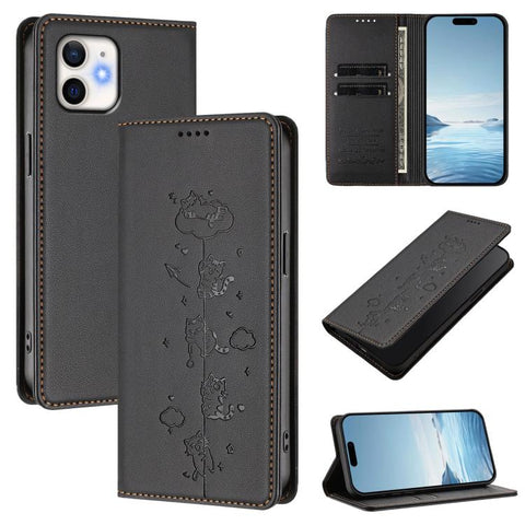 Cute Cats Embossed Magnetic RFID Vegan Leather Phone Case, For iPhone 12 / 12 Pro, For iPhone 11 Pro Max, For iPhone 11, For iPhone 11 Pro
