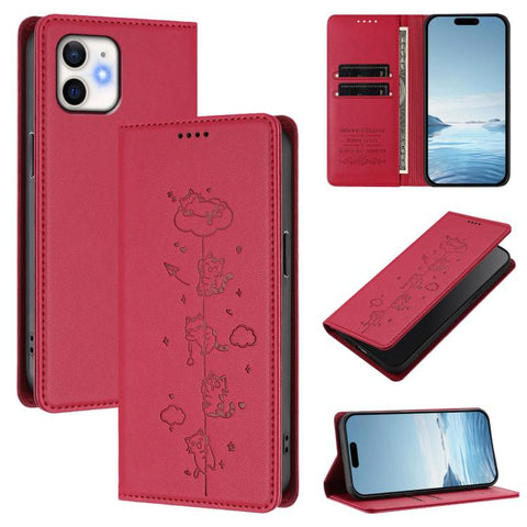 Cute Cats Embossed Magnetic RFID Vegan Leather Phone Case, For iPhone 12 / 12 Pro, For iPhone 11 Pro Max, For iPhone 11, For iPhone 11 Pro