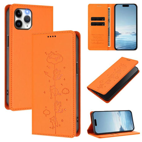 Cute Cats Embossed Magnetic RFID Vegan Leather Phone Case, For iPhone 12 / 12 Pro, For iPhone 11 Pro Max, For iPhone 11, For iPhone 11 Pro