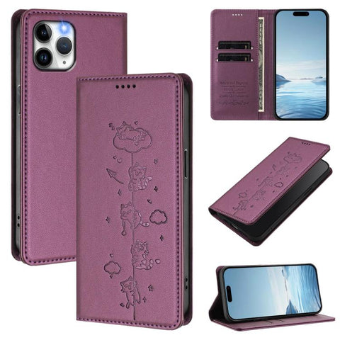 Cute Cats Embossed Magnetic RFID Vegan Leather Phone Case, For iPhone 12 / 12 Pro, For iPhone 11 Pro Max, For iPhone 11, For iPhone 11 Pro