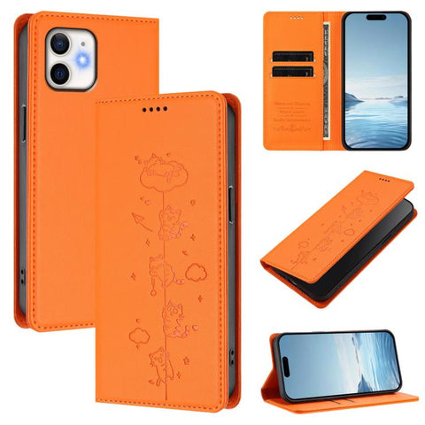 Cute Cats Embossed Magnetic RFID Vegan Leather Phone Case, For iPhone 12 / 12 Pro, For iPhone 11 Pro Max, For iPhone 11, For iPhone 11 Pro