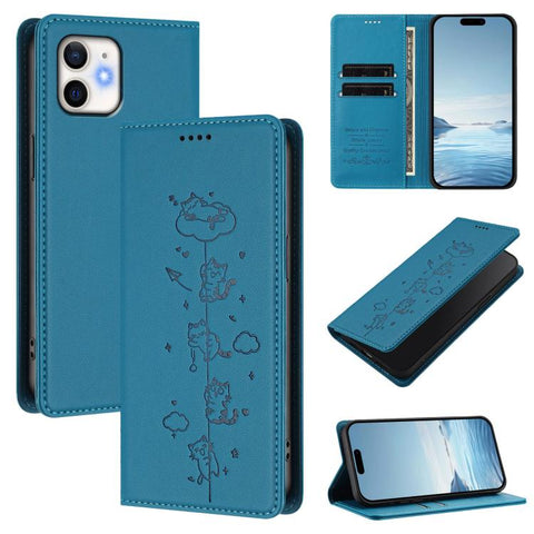 Cute Cats Embossed Magnetic RFID Vegan Leather Phone Case, For iPhone 12 / 12 Pro, For iPhone 11 Pro Max, For iPhone 11, For iPhone 11 Pro