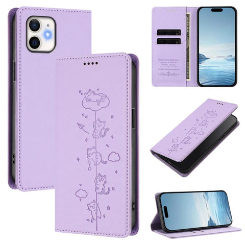 Cute Cats Embossed Magnetic RFID Vegan Leather Phone Case, For iPhone 12 / 12 Pro, For iPhone 11 Pro Max, For iPhone 11, For iPhone 11 Pro