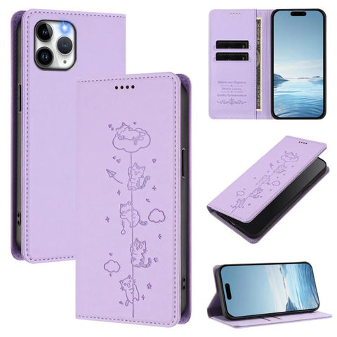 Cute Cats Embossed Magnetic RFID Vegan Leather Phone Case, For iPhone 12 / 12 Pro, For iPhone 11 Pro Max, For iPhone 11, For iPhone 11 Pro
