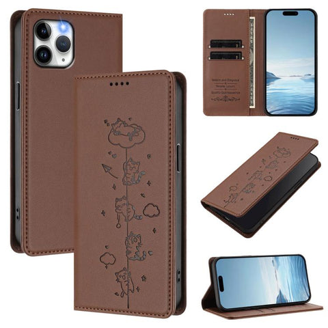Cute Cats Embossed Magnetic RFID Vegan Leather Phone Case, For iPhone 12 / 12 Pro, For iPhone 11 Pro Max, For iPhone 11, For iPhone 11 Pro