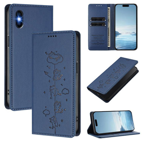Cute Cats Embossed Magnetic RFID Vegan Leather Phone Case, For iPhone X / XS, For iPhone XR, For iPhone XS Max, For iPhone 8 Plus / 7 Plus