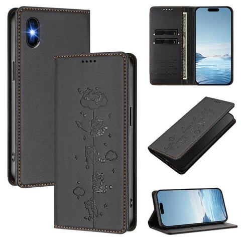 Cute Cats Embossed Magnetic RFID Vegan Leather Phone Case, For iPhone X / XS, For iPhone XR, For iPhone XS Max, For iPhone 8 Plus / 7 Plus