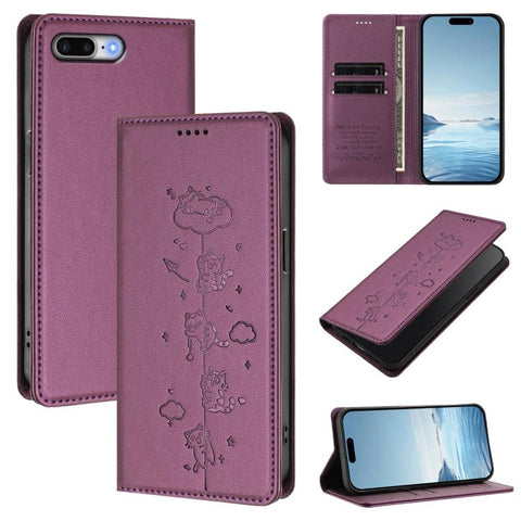 Cute Cats Embossed Magnetic RFID Vegan Leather Phone Case, For iPhone X / XS, For iPhone XR, For iPhone XS Max, For iPhone 8 Plus / 7 Plus