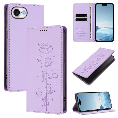 Cute Cats Embossed Magnetic RFID Vegan Leather Phone Case, For iPhone 18 Pro / 17 Pro, For iPhone 18 Pro Max / 17 Pro Max, For iPhone 17e / 16e, For iPhone 17
