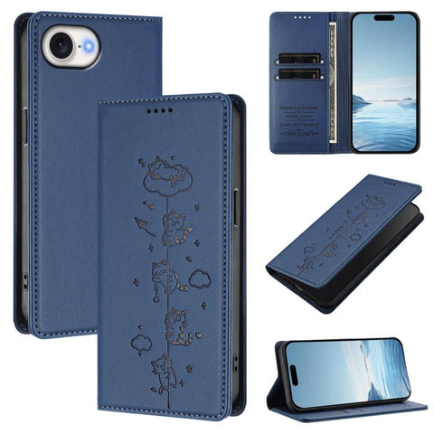 Cute Cats Embossed Magnetic RFID Vegan Leather Phone Case, For iPhone 18 Pro / 17 Pro, For iPhone 18 Pro Max / 17 Pro Max, For iPhone 17e / 16e, For iPhone 17