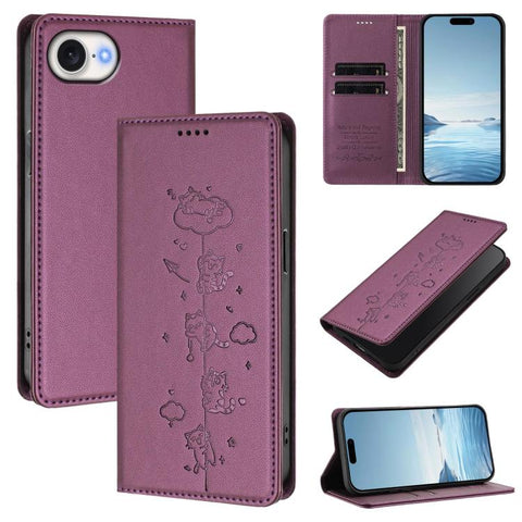 Cute Cats Embossed Magnetic RFID Vegan Leather Phone Case, For iPhone 18 Pro / 17 Pro, For iPhone 18 Pro Max / 17 Pro Max, For iPhone 17e / 16e, For iPhone 17
