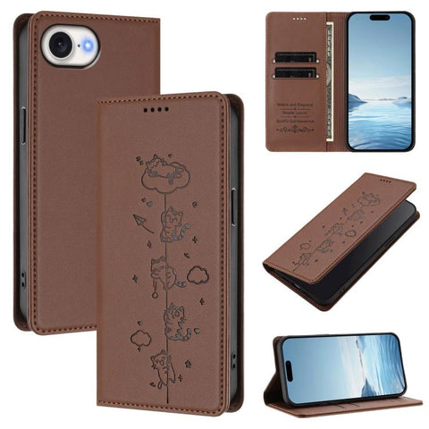 Cute Cats Embossed Magnetic RFID Vegan Leather Phone Case, For iPhone 18 Pro / 17 Pro, For iPhone 18 Pro Max / 17 Pro Max, For iPhone 17e / 16e, For iPhone 17