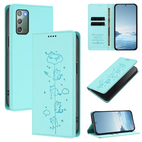 Cute Cats Embossed Magnetic RFID Vegan Leather Phone Case, For Samsung Galaxy Note20 Ultra, For Samsung Galaxy Note20, For Samsung Galaxy S20 Ultra, For Samsung Galaxy S20