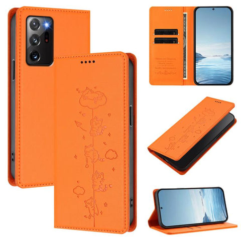 Cute Cats Embossed Magnetic RFID Vegan Leather Phone Case, For Samsung Galaxy Note20 Ultra, For Samsung Galaxy Note20, For Samsung Galaxy S20 Ultra, For Samsung Galaxy S20