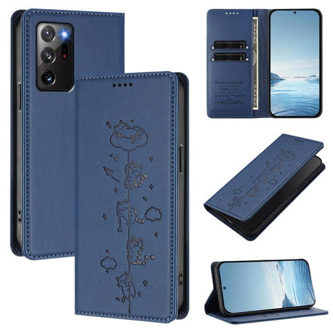 Cute Cats Embossed Magnetic RFID Vegan Leather Phone Case, For Samsung Galaxy Note20 Ultra, For Samsung Galaxy Note20, For Samsung Galaxy S20 Ultra, For Samsung Galaxy S20
