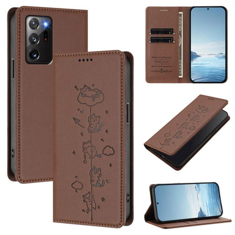 Cute Cats Embossed Magnetic RFID Vegan Leather Phone Case, For Samsung Galaxy Note20 Ultra, For Samsung Galaxy Note20, For Samsung Galaxy S20 Ultra, For Samsung Galaxy S20