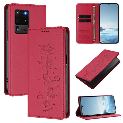 Cute Cats Embossed Magnetic RFID Vegan Leather Phone Case, For Samsung Galaxy Note20 Ultra, For Samsung Galaxy Note20, For Samsung Galaxy S20 Ultra, For Samsung Galaxy S20