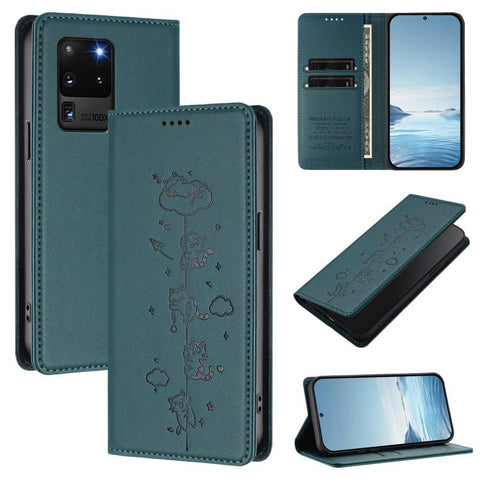 Cute Cats Embossed Magnetic RFID Vegan Leather Phone Case, For Samsung Galaxy Note20 Ultra, For Samsung Galaxy Note20, For Samsung Galaxy S20 Ultra, For Samsung Galaxy S20