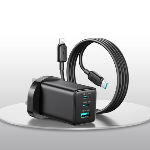JOYROOM JR-TG10 65W GaN Dual Type-C, USB 3-Port Charger with Type-C to 8 Pin Cable, EU Plug, UK Plug