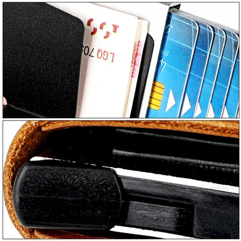 Crazy Horse Genuine Leather Auto Pop-up Aluminum Box RFID Anti-magnetic Card Holder