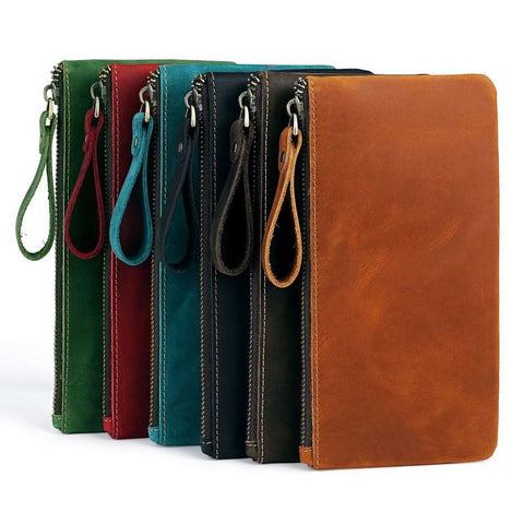 Vintage Genuine Leather Large Capacity Clutch Bag Phone Organizer Wallet Pen Case