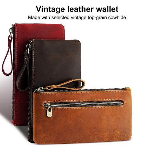 Vintage Genuine Leather Large Capacity Clutch Bag Phone Organizer Wallet Pen Case