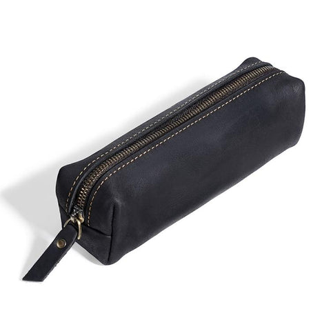 Crazy Horse Leather Stationery Pencil Case Zippered Storage Bag
