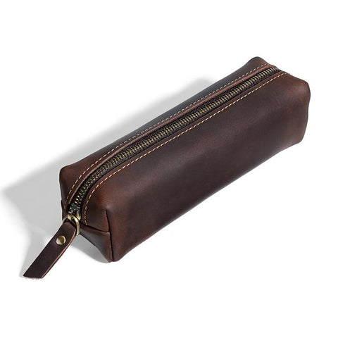 Crazy Horse Leather Stationery Pencil Case Zippered Storage Bag