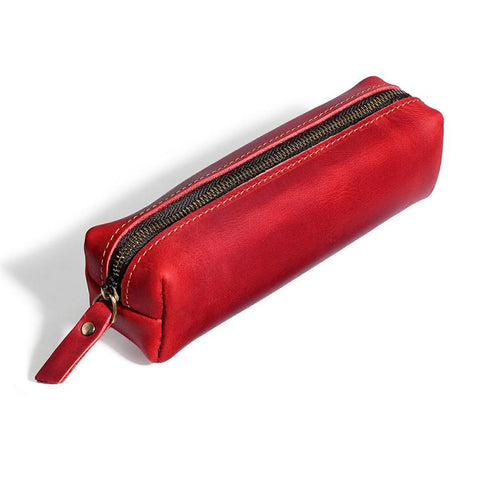 Crazy Horse Leather Stationery Pencil Case Zippered Storage Bag
