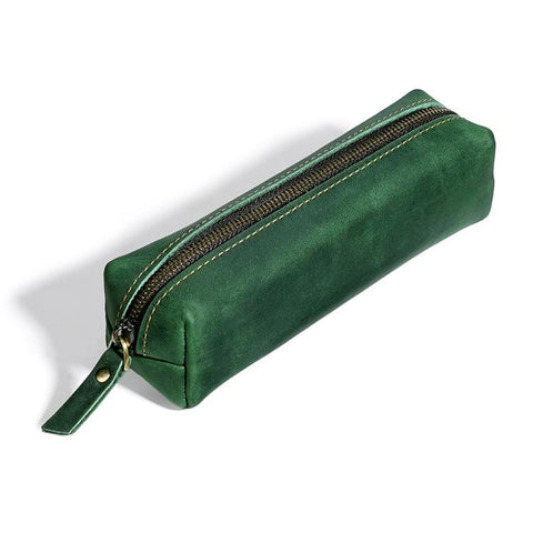 Crazy Horse Leather Stationery Pencil Case Zippered Storage Bag