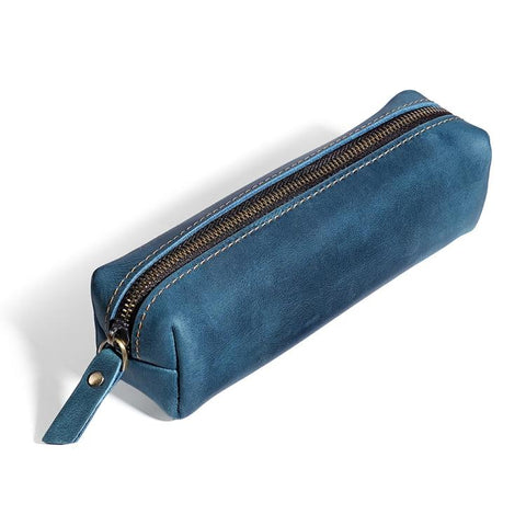 Crazy Horse Leather Stationery Pencil Case Zippered Storage Bag