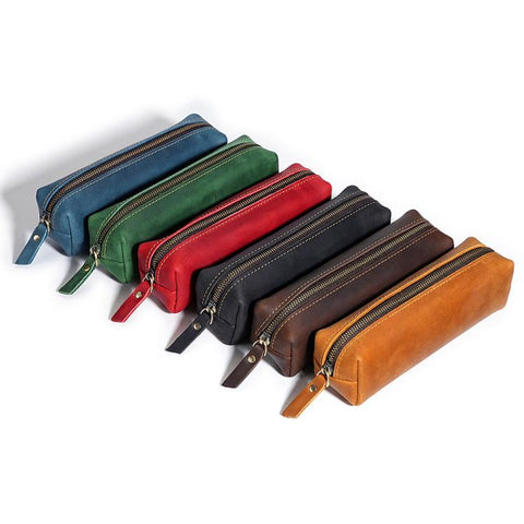 Crazy Horse Leather Stationery Pencil Case Zippered Storage Bag