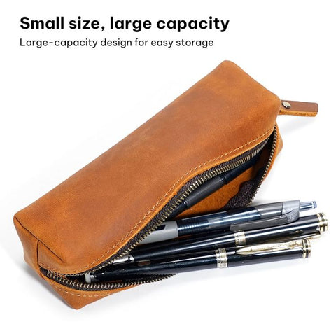 Crazy Horse Leather Stationery Pencil Case Zippered Storage Bag