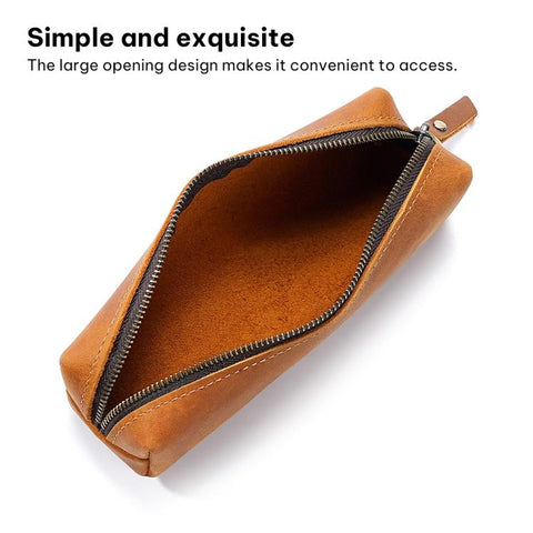 Crazy Horse Leather Stationery Pencil Case Zippered Storage Bag