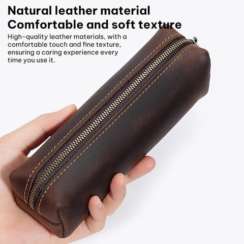 Crazy Horse Leather Stationery Pencil Case Zippered Storage Bag