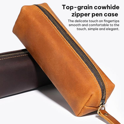 Crazy Horse Leather Stationery Pencil Case Zippered Storage Bag