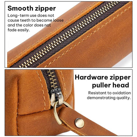 Crazy Horse Leather Stationery Pencil Case Zippered Storage Bag