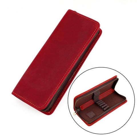 Vintage Genuine Leather Square Zipper Pen Pouch Pencil Case