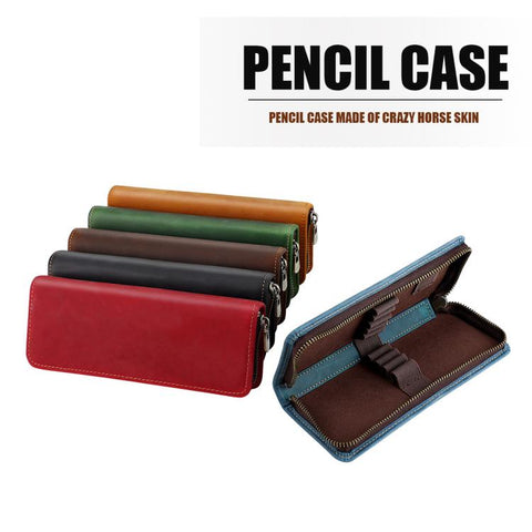 Vintage Genuine Leather Square Zipper Pen Pouch Pencil Case