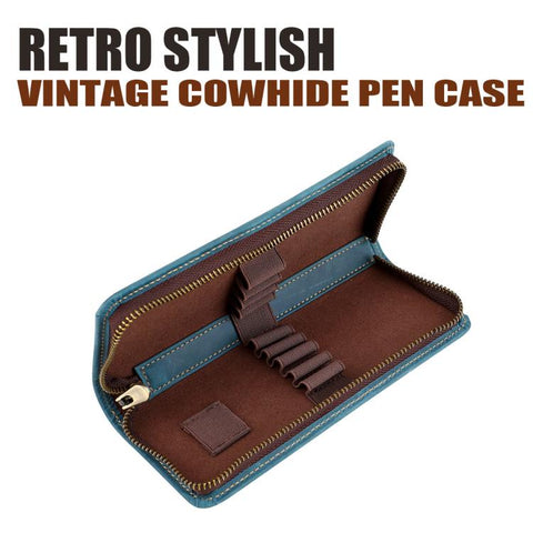Vintage Genuine Leather Square Zipper Pen Pouch Pencil Case