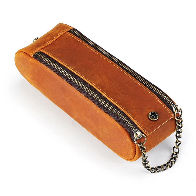 Vintage Genuine Leather Portable Double Zippers Pen Pouch Pencil Case