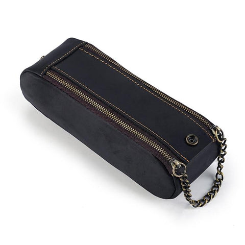 Vintage Genuine Leather Portable Double Zippers Pen Pouch Pencil Case