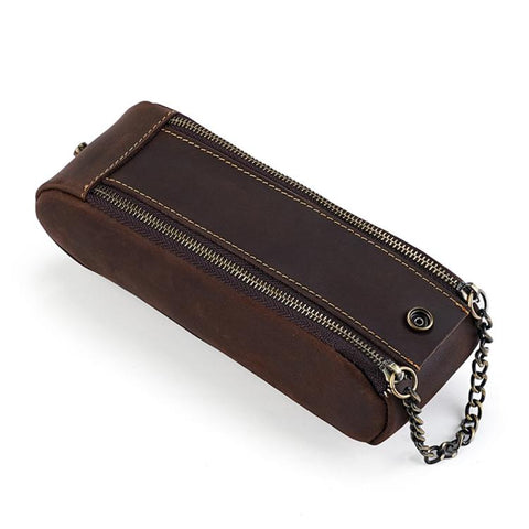 Vintage Genuine Leather Portable Double Zippers Pen Pouch Pencil Case