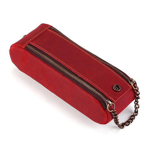Vintage Genuine Leather Portable Double Zippers Pen Pouch Pencil Case