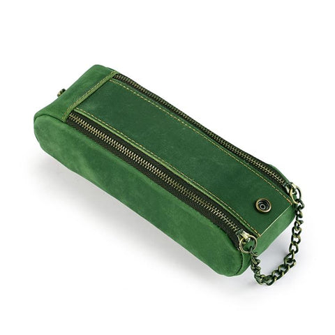 Vintage Genuine Leather Portable Double Zippers Pen Pouch Pencil Case