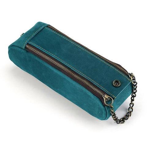 Vintage Genuine Leather Portable Double Zippers Pen Pouch Pencil Case